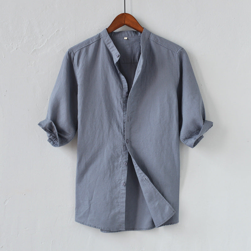 Men's Relaxed Fit Linen Blend Shirt with Mid Sleeves, Mandarin Collar, and Casual Button-Down Design