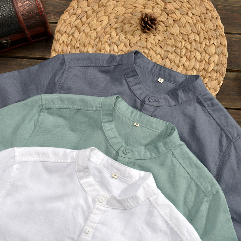Camisa Casual para Hombre en Mezcla de Lino, Ajuste Relajado, Manga Corta y Cuello Mandarín con Botones