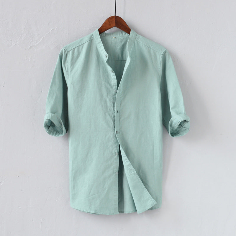 Leinenmix-Herrenhemd im Relaxed Fit mit Halbarm, Mandarin-Kragen und lässigem Button-Down-Design