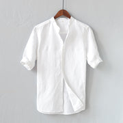 Camisa Casual para Hombre en Mezcla de Lino, Ajuste Relajado, Manga Corta y Cuello Mandarín con Botones