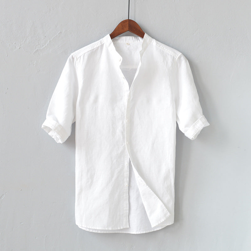 Men's Relaxed Fit Linen Blend Shirt with Mid Sleeves, Mandarin Collar, and Casual Button-Down Design