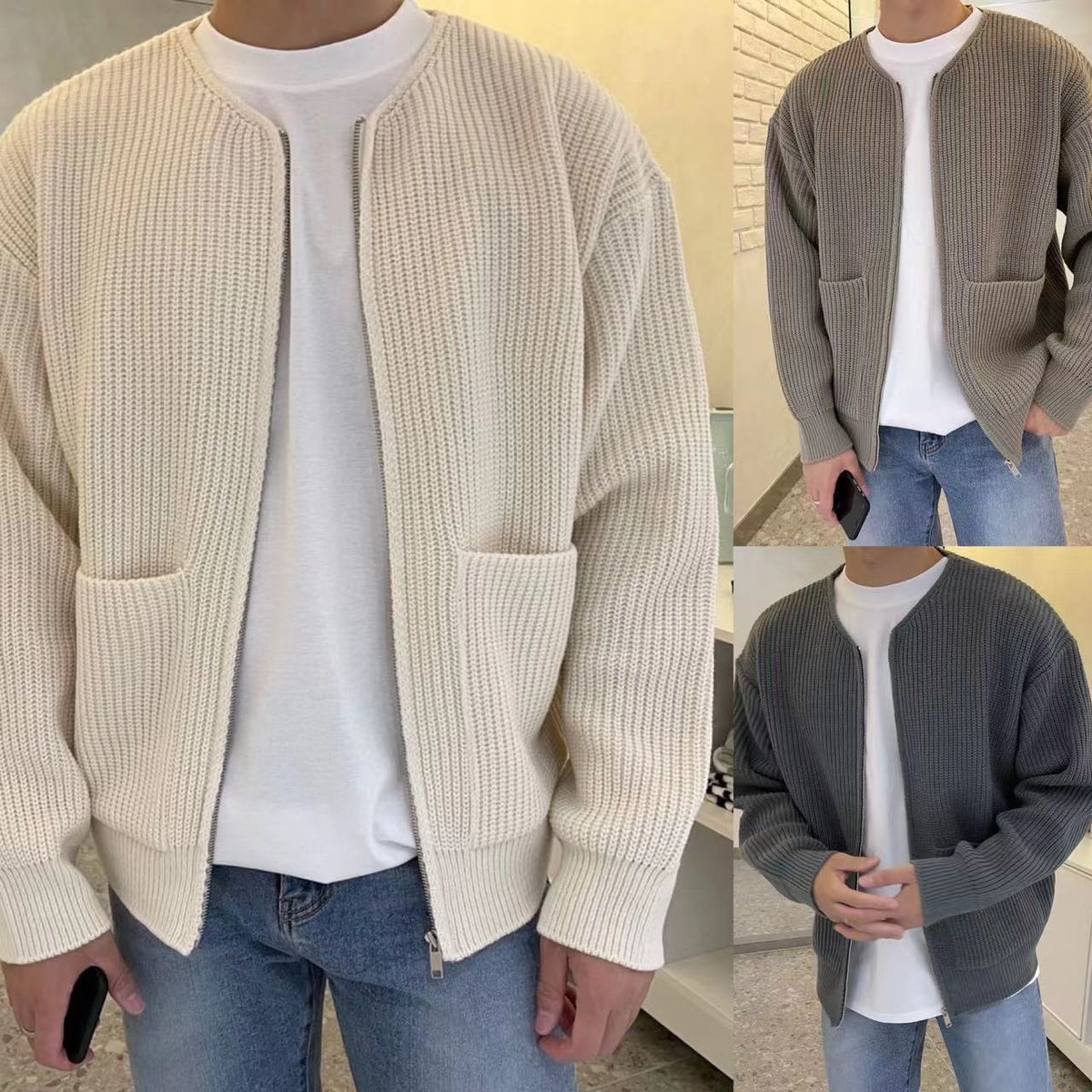 Herren Herbst-Wollstrickcardigan, lässiger offener Pullover