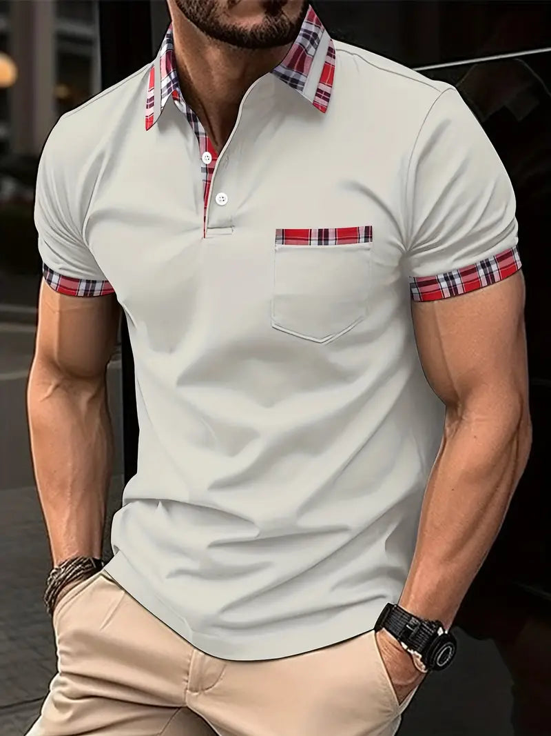 Herren Klassisches Polo-Shirt mit Eleganter Karokragen, Kurzen Ärmeln, Knopfverschluss und Brusttasche
