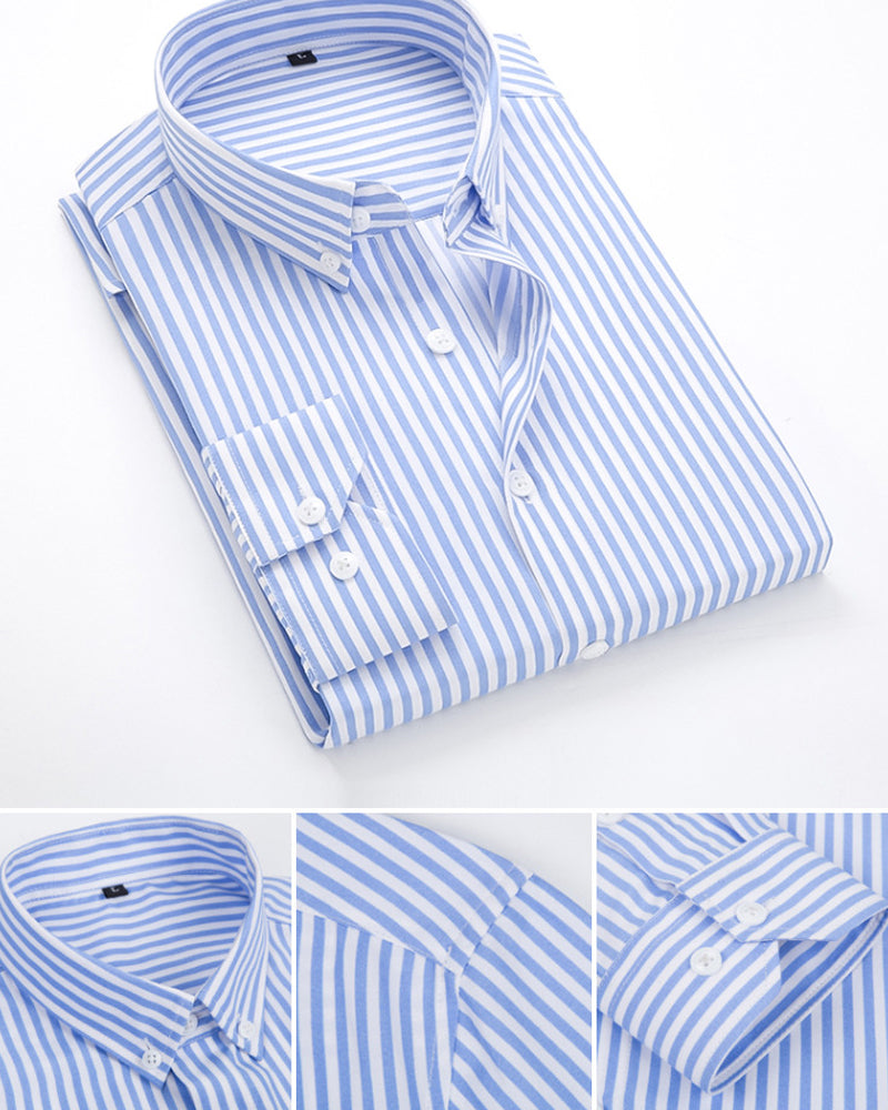 Classic Fit Long Sleeve Striped Business Shirt for Men with Button Cuffs - Perfect for Formal Attire