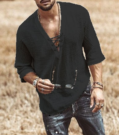 Men's T-Shirt - Relaxed Fit - V-Neck with Lace Detail - 3/4 Sleeves - Lightweight and Breathable