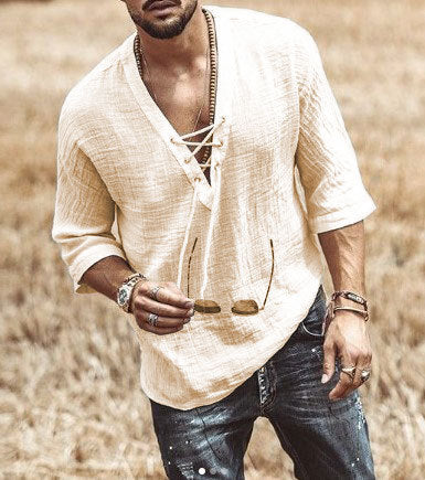 Men's Relaxed Fit T-Shirt - V-Neck with Lace Detail - 3/4 Sleeves - Lightweight and Breathable