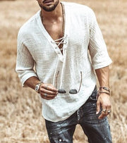 Men's Relaxed Fit T-Shirt - Laced V-Neck - 3/4 Sleeves - Lightweight and Breathable