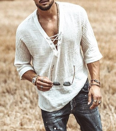 Men's Relaxed Fit T-Shirt - V-Neck with Lace Detail - 3/4 Sleeves - Lightweight and Breathable