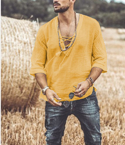 Men's T-Shirt - Relaxed Fit - V-Neck with Lace Detail - 3/4 Sleeves - Lightweight and Breathable
