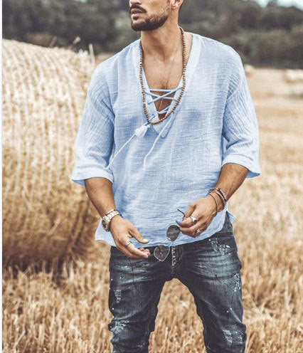 Men's Relaxed Fit T-Shirt - V-Neck with Lace Detail - 3/4 Sleeves - Lightweight and Breathable