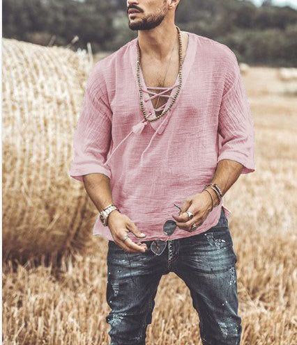Men's Relaxed Fit T-Shirt - Laced V-Neck - 3/4 Sleeves - Lightweight and Breathable