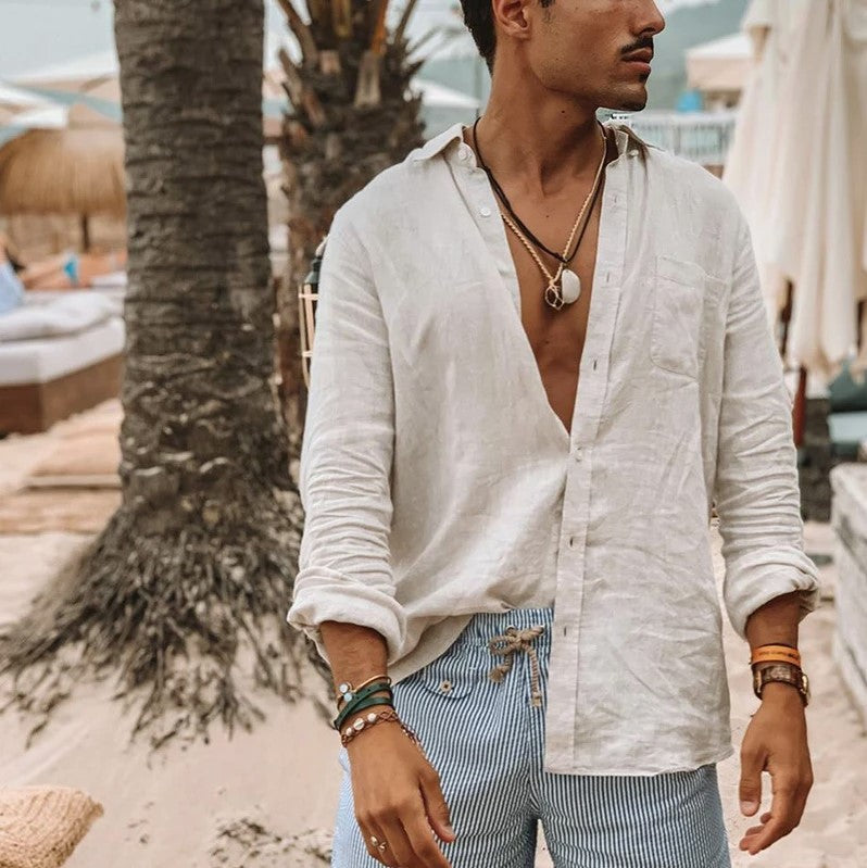 Men's Adjustable Long Sleeve Vest - Cotton-Linen Blend - Relaxed Fit with Button Details