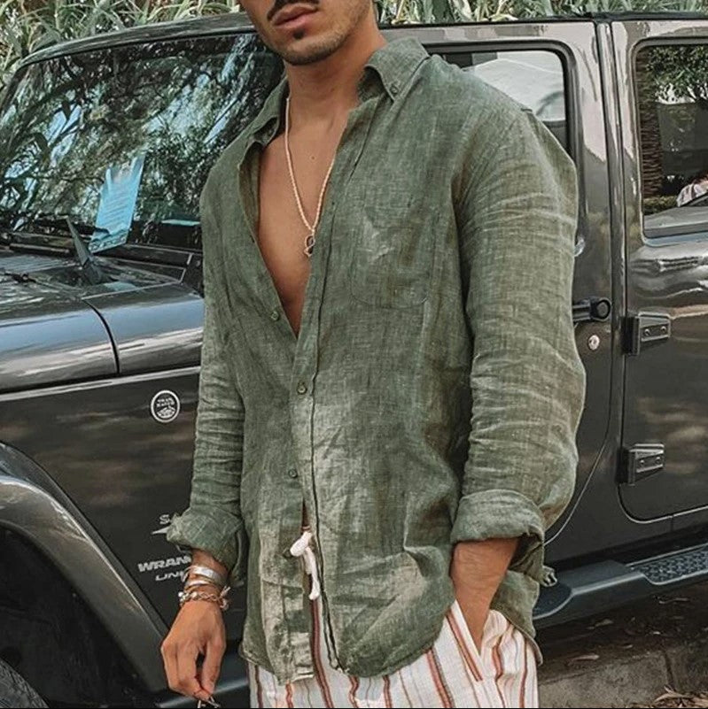Men's Adjustable Long Sleeve Vest - Cotton-Linen Blend - Relaxed Fit with Button Details