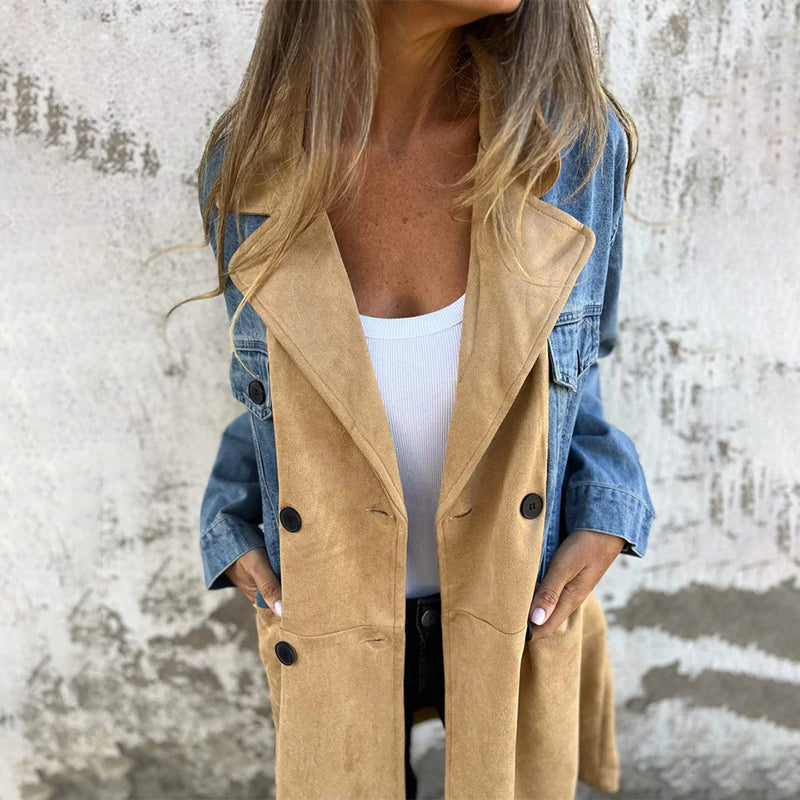Eleganter klassischer Damen Trenchcoat aus Baumwolle in Jeansoptik – Lang für den Frühling