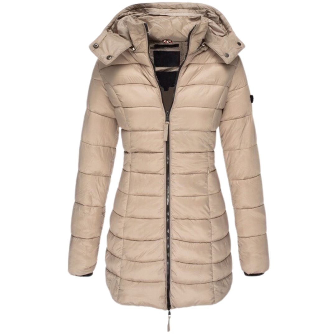 Damen Slim Fit Winterjacke aus wasserabweisendem Nylon mit Kapuze, warm und lang