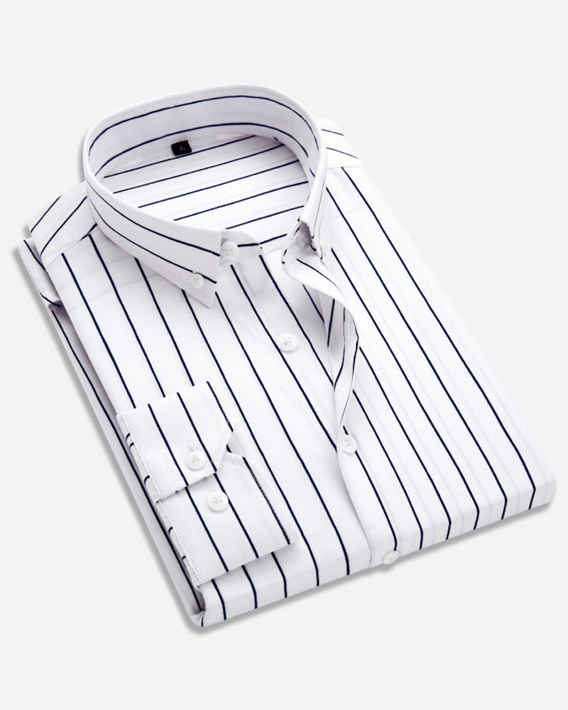Classic Fit Long Sleeve Striped Business Shirt for Men with Button Cuffs - Perfect for Formal Attire