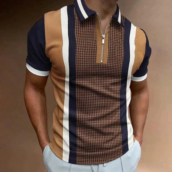 Men's Short Sleeve Fitted Polo Shirt with Zip Placket and Vintage Stripe Design