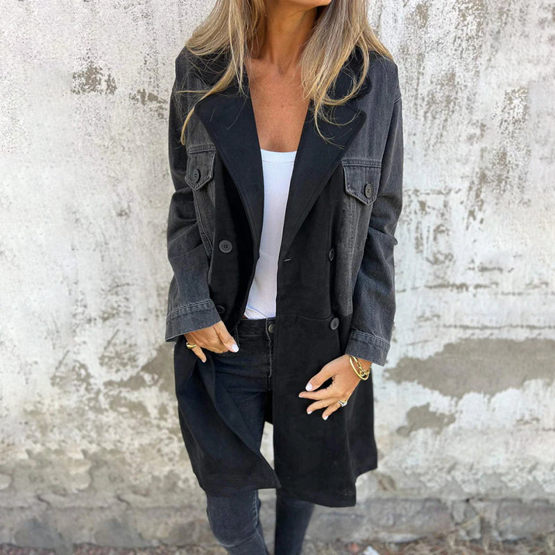 Eleganter klassischer Damen Trenchcoat aus Baumwolle in Jeansoptik – Lang für den Frühling