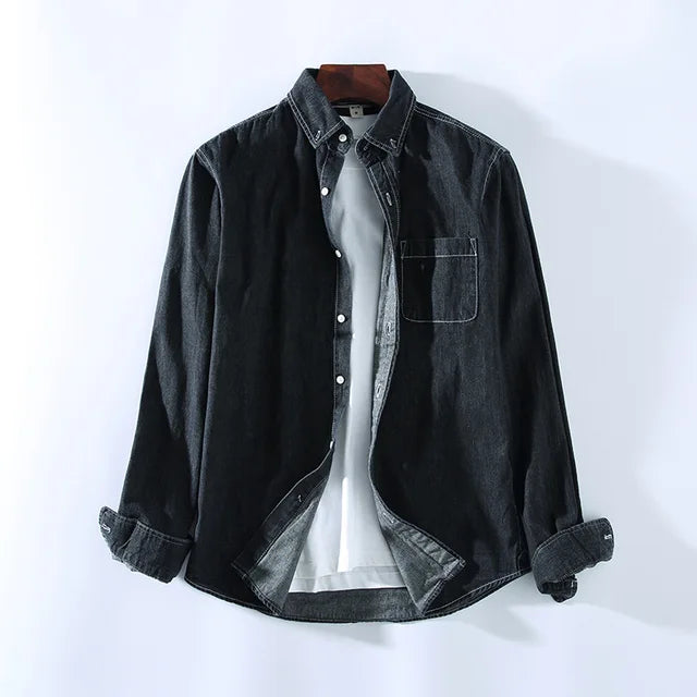 Trendy Long-Sleeve Denim Shirt for Men with Classic Collar and Button Closure – Perfect for Casual Wear