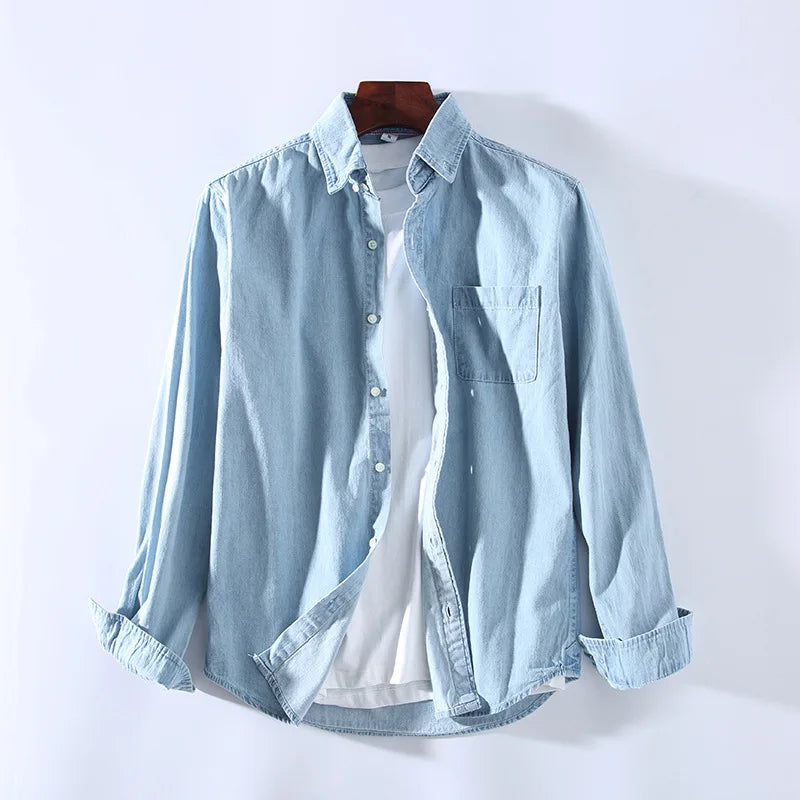 Trendy Long-Sleeve Denim Shirt for Men with Classic Collar and Button Closure – Perfect for Casual Wear