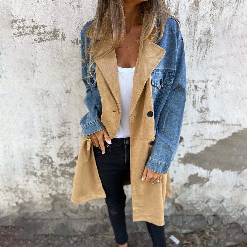 Eleganter klassischer Damen Trenchcoat aus Baumwolle in Jeansoptik – Lang für den Frühling