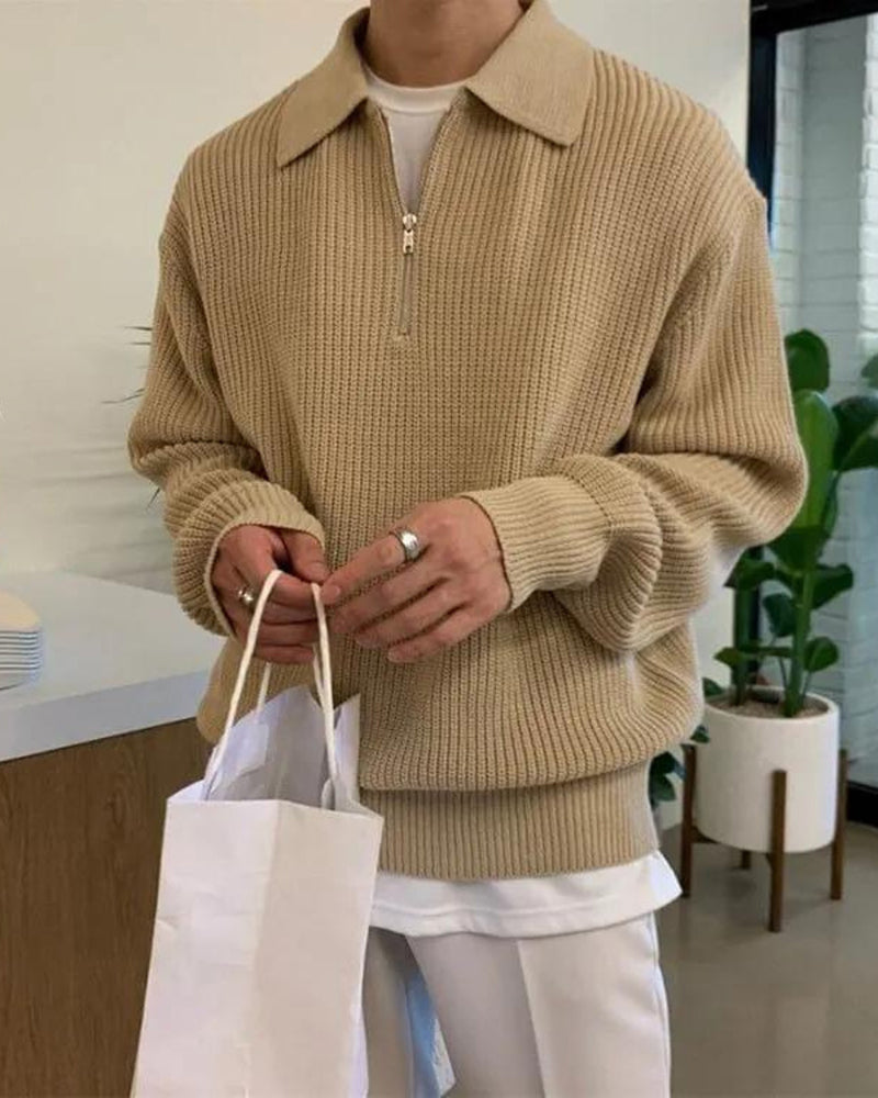 Aaron | Cozy halbem Reißverschluss Herren Gerippt Strickpullover mit Polokragen