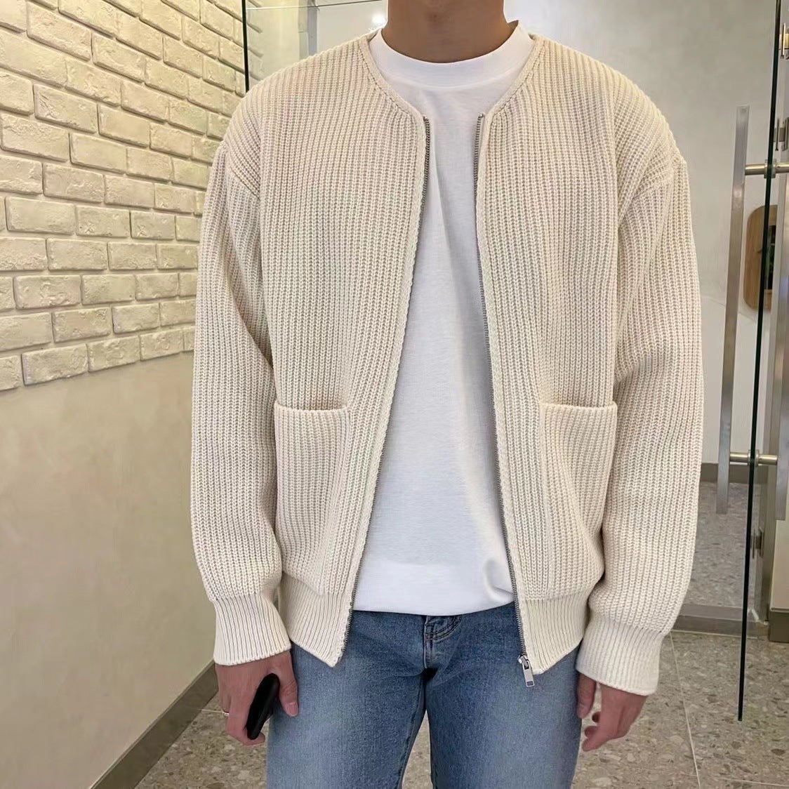 Herren Herbst-Wollstrickcardigan, lässiger offener Pullover