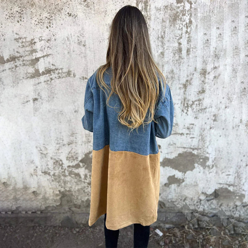 Eleganter klassischer Damen Trenchcoat aus Baumwolle in Jeansoptik – Lang für den Frühling