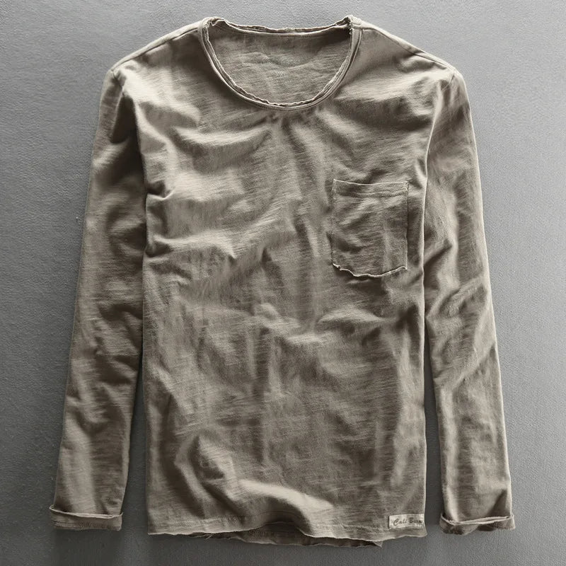 Vintage Stylowa Męska Koszula Bawełniana z Długim Rękawem i Dekoltem O-Neck