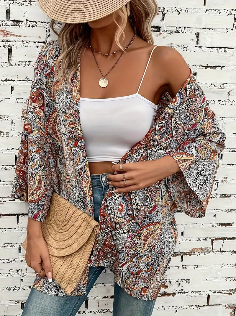 Leichter Damen Baumwoll-Kimono für den Sommer – Boho-Überwurfjacke mit langen Ärmeln