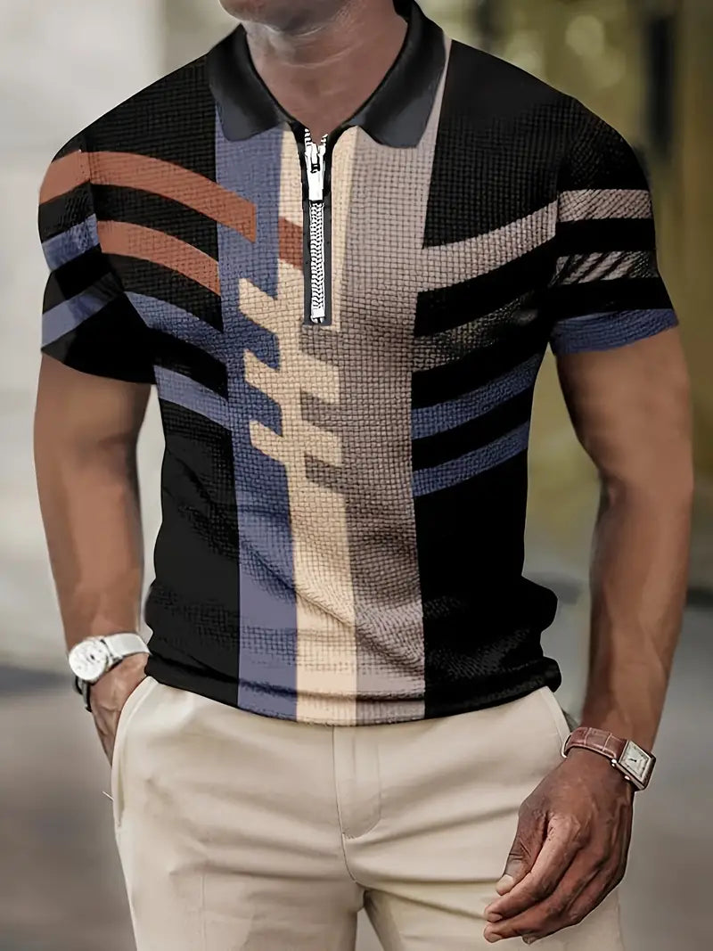 Męska koszulka polo - slim fit - zamek błyskawiczny - wzór geometryczny - materiał oddychający
