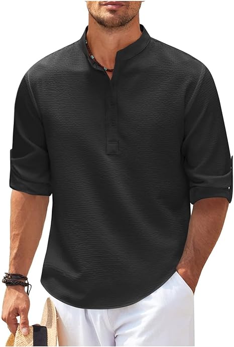Men's Lightweight Cotton T-Shirt - Relaxed Fit with Band Collar and Half Placket