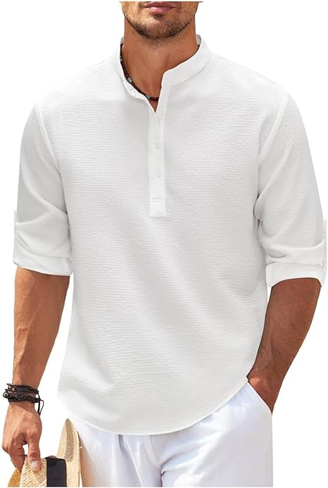 Men's Relaxed Fit Shirt - Mao Collar - Mid-Length with Buttons - Lightweight Cotton