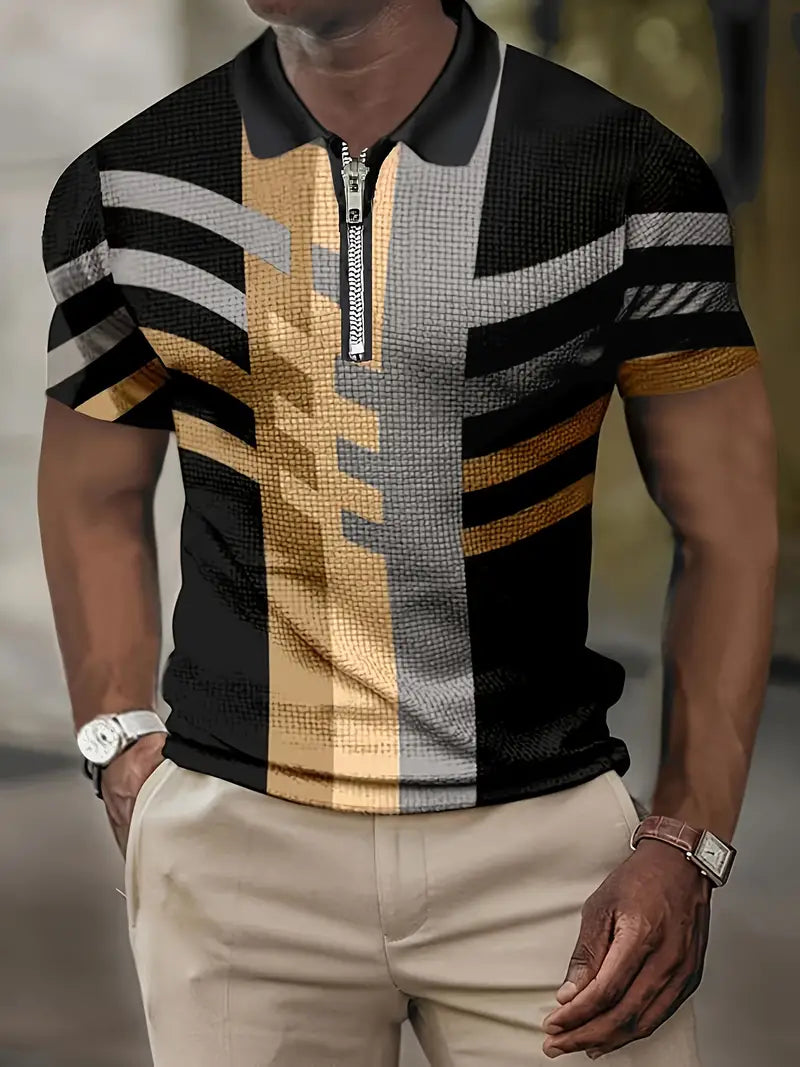 Herren Polo-Shirt mit schmalem Schnitt, Reißverschluss und geometrischem Muster aus atmungsaktivem Material