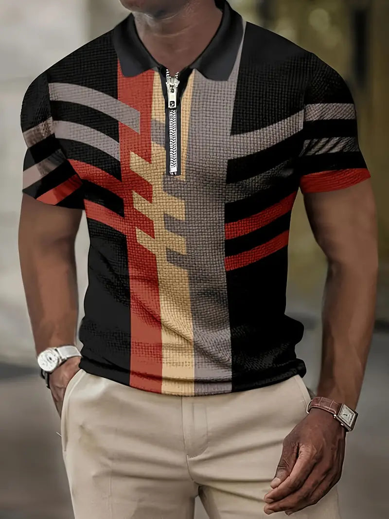 Męska koszulka polo - slim fit - zamek błyskawiczny - wzór geometryczny - materiał oddychający