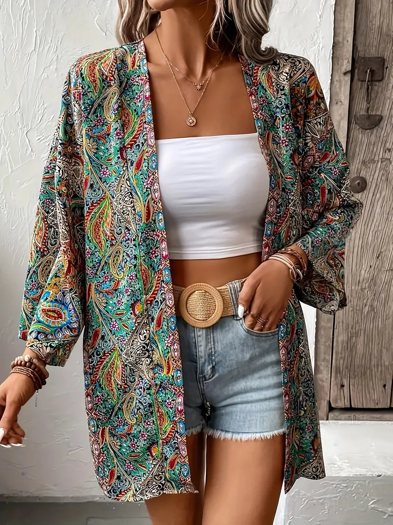 Leichter Damen Baumwoll-Kimono für den Sommer – Boho-Überwurfjacke mit langen Ärmeln