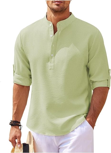 Men's Lightweight Cotton T-Shirt - Relaxed Fit with Band Collar and Half Placket