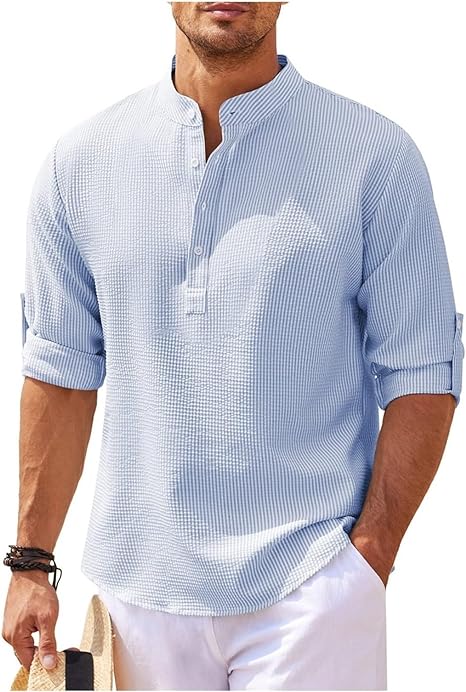 Men's Relaxed Fit Shirt - Mao Collar - Mid-Length with Buttons - Lightweight Cotton