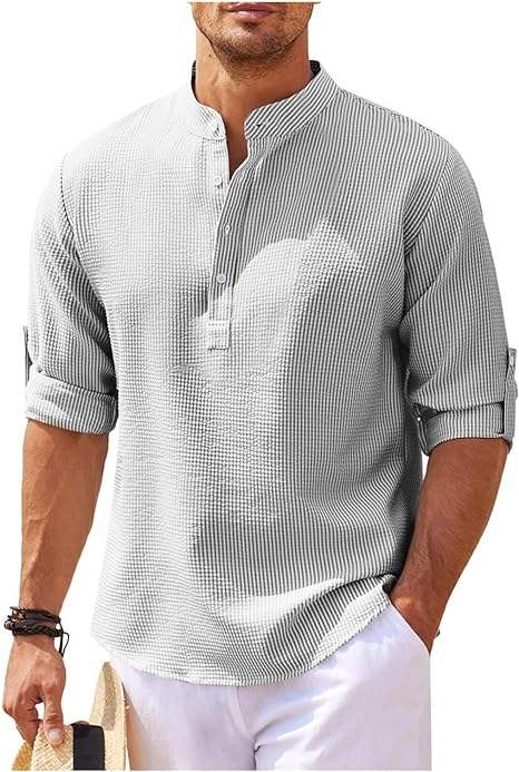Lightweight and Breathable Men's Henley Shirt with Rolled Sleeves - Comfortable Loose Fit