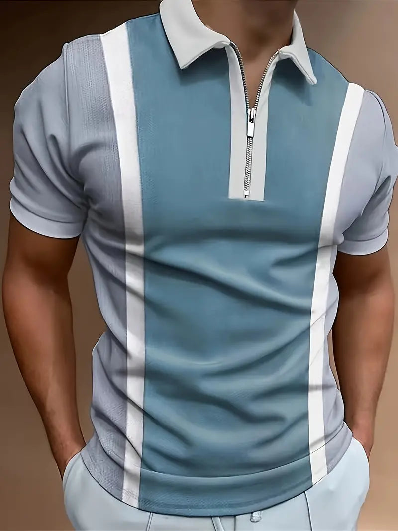 Męskie koszulki polo - Dopasowany krój - Zamek błyskawiczny - Kontrastowe akcenty - Krótkie rękawy