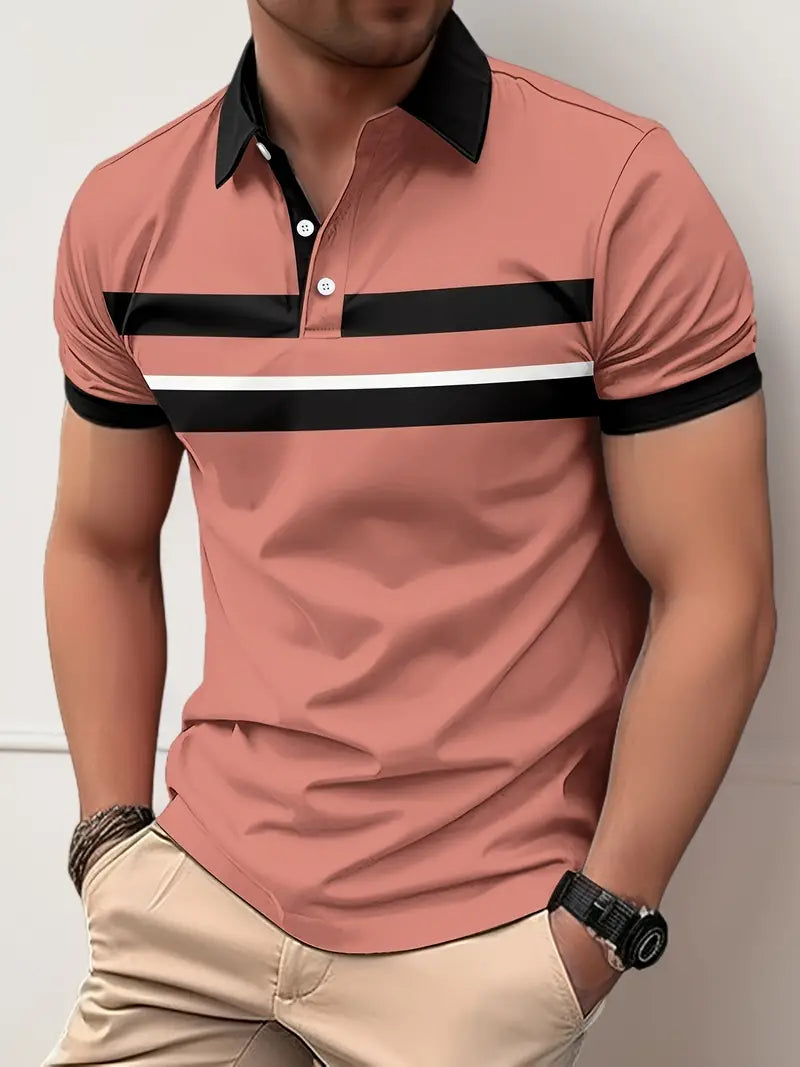 Polos pour hommes - Coupe classique - Col et poignets en contraste - Motif rayé sur la poitrine
