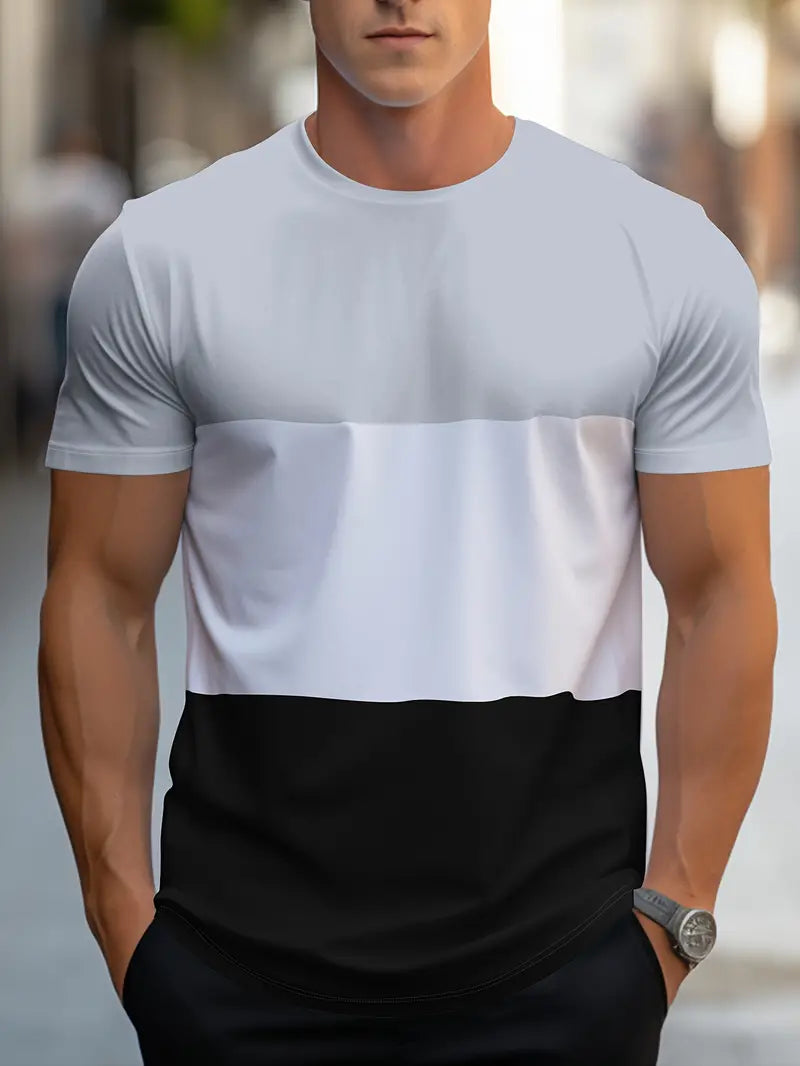 Men's Trendy Crew Neck T-Shirt with Vibrant Inserts - Comfortable Short Sleeve for Daily Wear