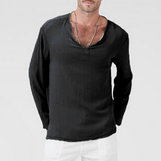 Herren Langarm-T-Shirt aus Baumwolle und Leinen - V-Ausschnitt mit Kragen für einen lässigen, bequemen Look
