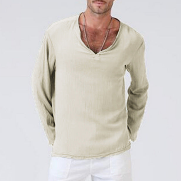 Herren Langarm-T-Shirt aus Baumwolle und Leinen - V-Ausschnitt mit Kragen für einen lässigen, bequemen Look