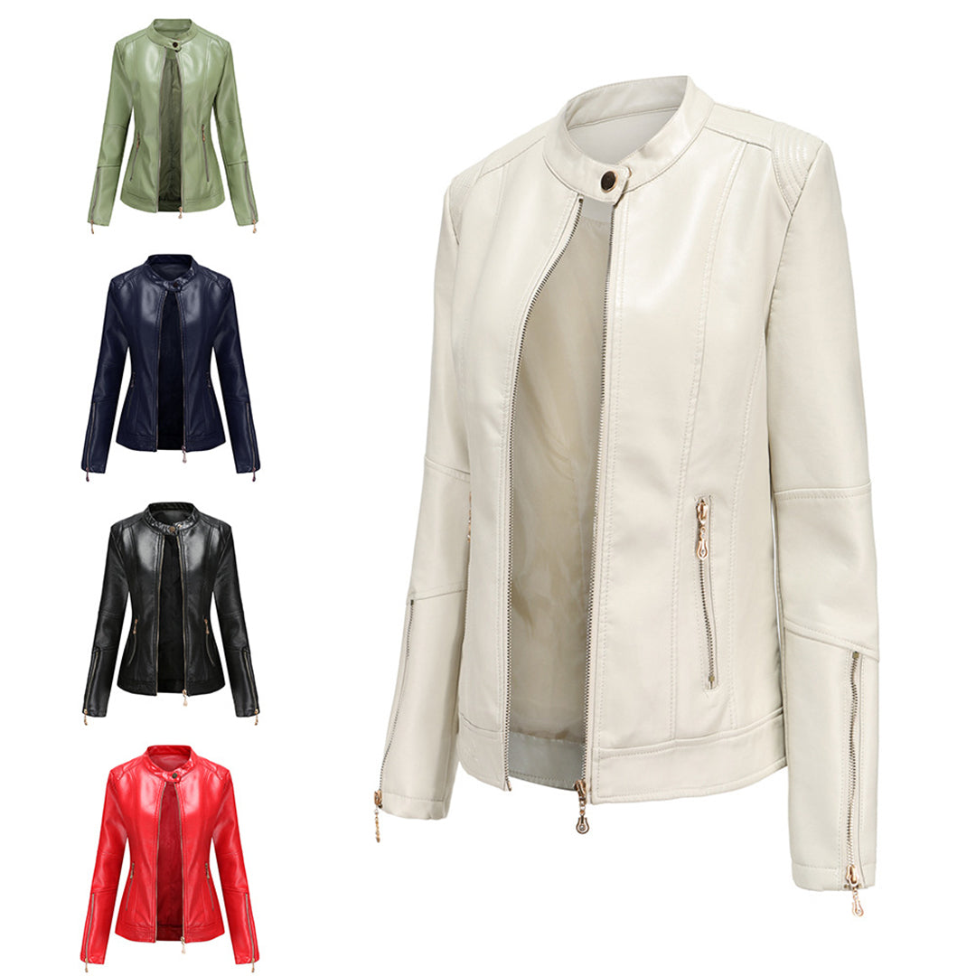 Leichte taillierte Damen Lederjacke für den Frühling – Casual Bikerjacke mit Reißverschluss