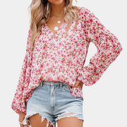 Elegante Damen-Chiffonbluse mit floralem Muster und V-Ausschnitt