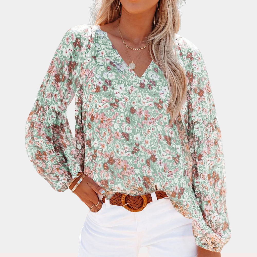 Elegante Damen-Chiffonbluse mit floralem Muster und V-Ausschnitt