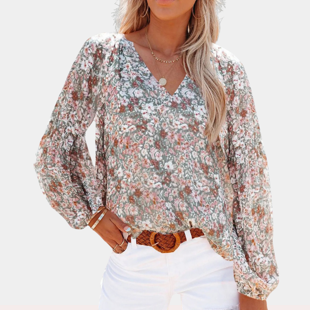 Elegante Damen-Chiffonbluse mit floralem Muster und V-Ausschnitt