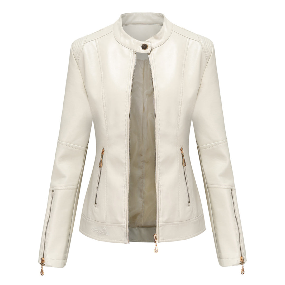 Leichte taillierte Damen Lederjacke für den Frühling – Casual Bikerjacke mit Reißverschluss
