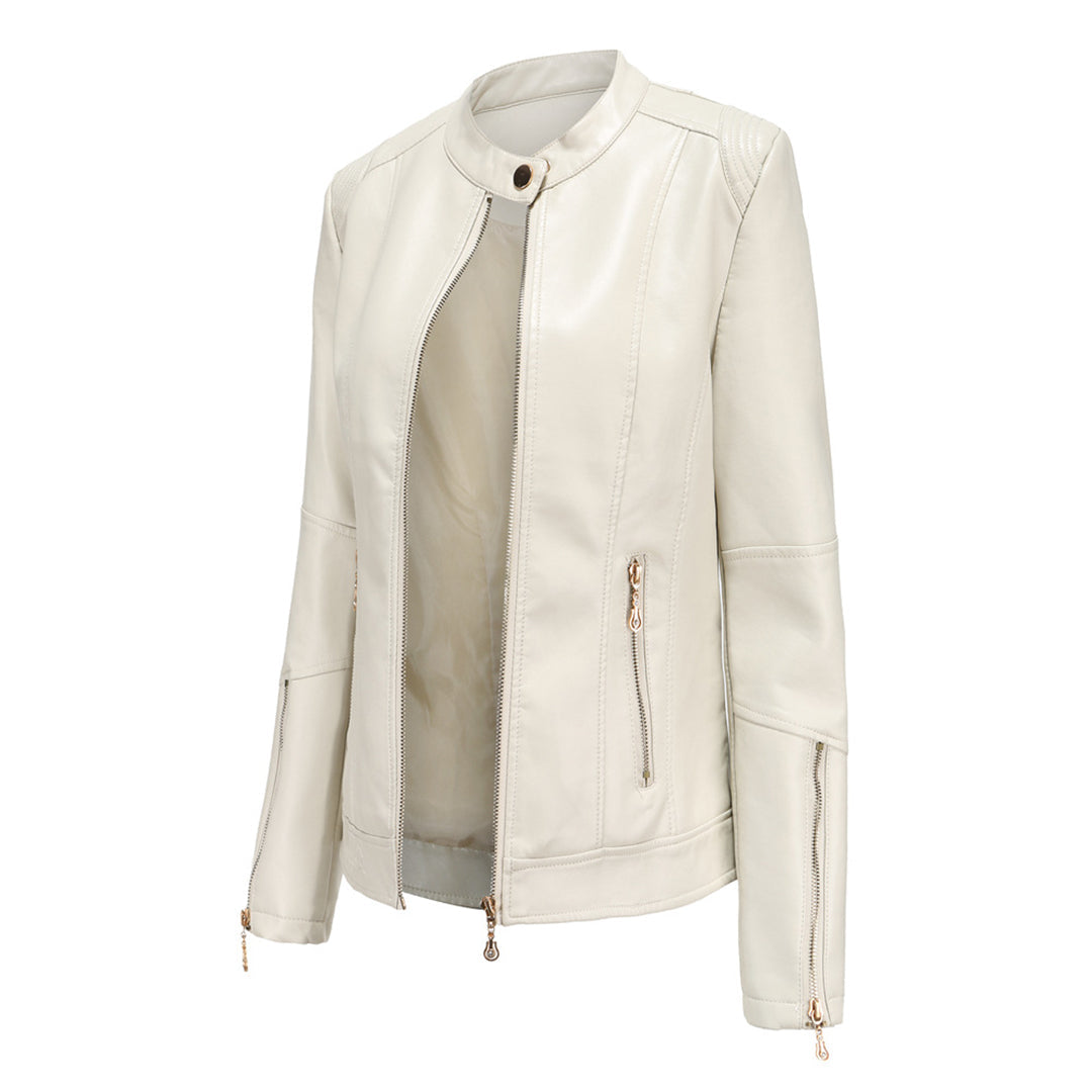 Leichte taillierte Damen Lederjacke für den Frühling – Casual Bikerjacke mit Reißverschluss